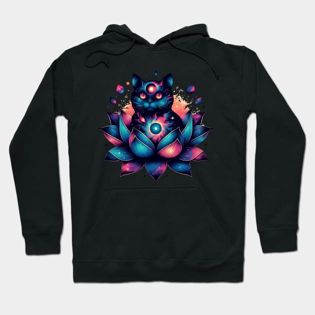 Colorful Abstract Cosmic Cat in Lotus Flower Hoodie by TomFrontierArt